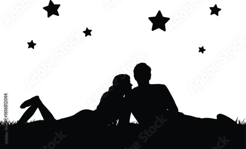 Couple Lying Under Stars Romantic Night Sky Silhouette