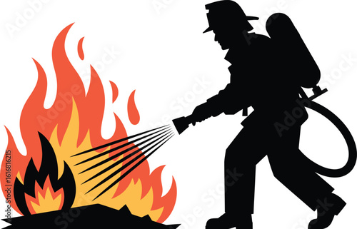 Firefighter Extinguishing Flames with Water Hose Silhouette