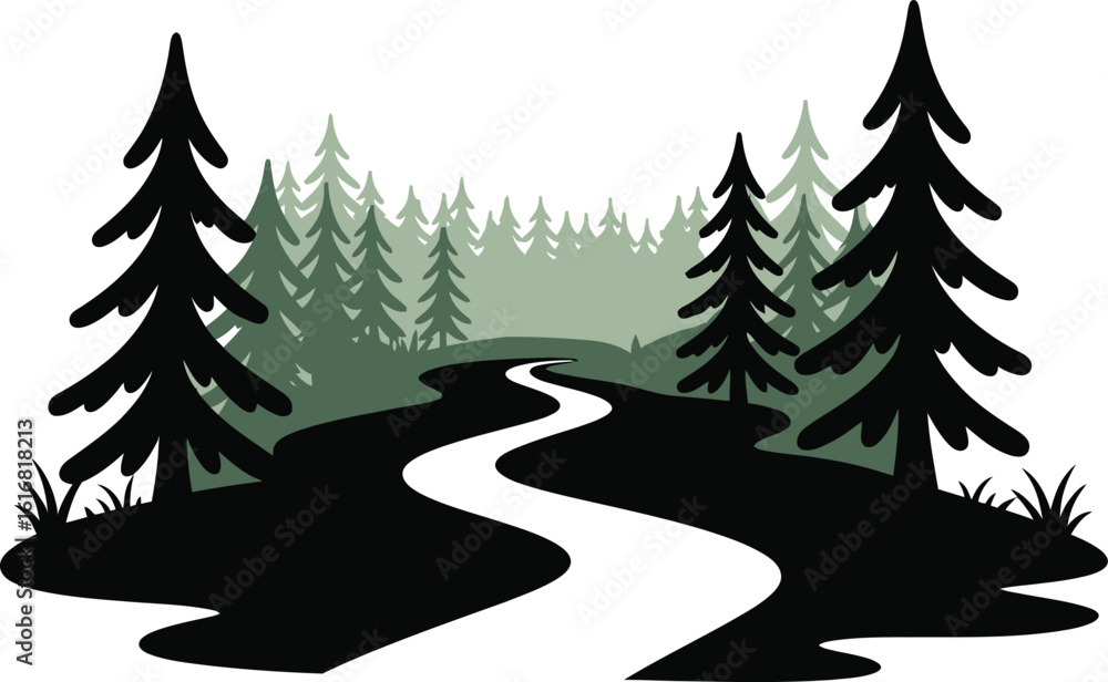 Fototapeta premium Forest Path Landscape with Evergreen Trees in Silhouette Style silhouette