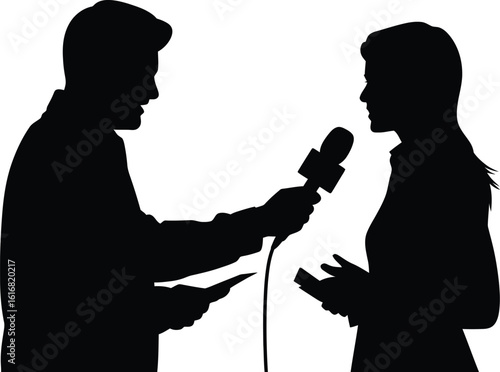 Interview Silhouette Journalist with Microphone Interviewing Person for News Report silhouette