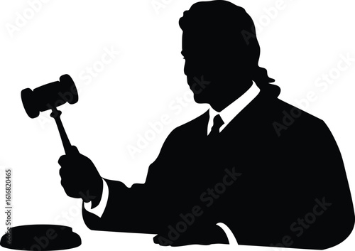 Judge with Gavel Silhouette in Courtroom Making Legal Decision