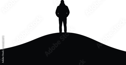 Man Standing on Hilltop in Silhouette Style Against White Background silhouette