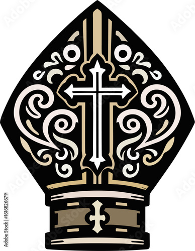 Ornate Papal Mitre Vector with Decorative Cross – Religious Bishop Hat Illustration