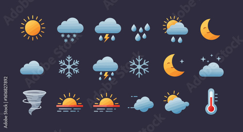 Collection of Weather Icons Representing Various Atmospheric Conditions and Forecasts