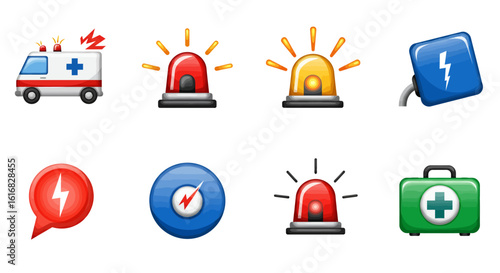 Emergency Alert Icons Ambulance, Warning Lights, and First Aid Kit Vector Elements