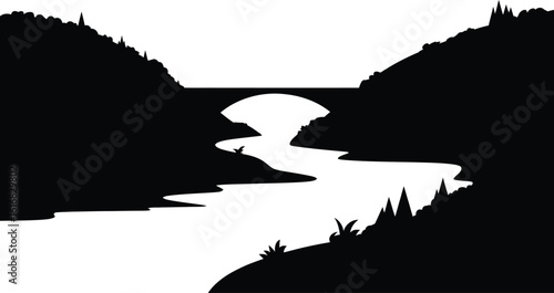 River Flowing Under Bridge Between Hills Black and White Silhouette