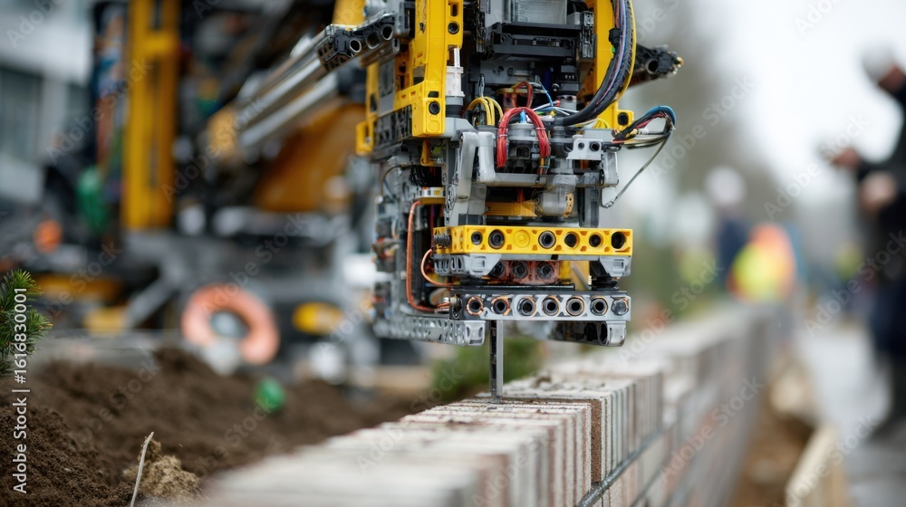 Fototapeta premium Robotic bricklaying unit in a medium shot sharply capturing the robots mechanical components as it builds a garden wall with the distant tools and workers softly blurred behind.