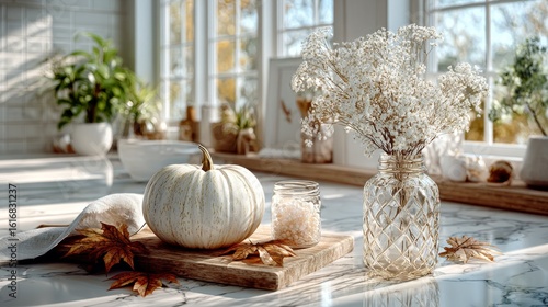 Wallpaper Mural A calm fall setup featuring white pumpkins and fake maple leaves on a neutral-toned kitchen island, bathed in soft daylight. Torontodigital.ca