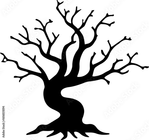 A stylized bare tree silhouette with gnarled trunk