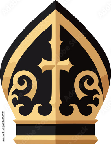 Elegant Bishop Mitre Vector Icon – Two-Color Religious Hat with Gold Cross Design