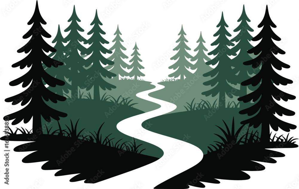 Obraz premium Winding Path Through Forest with Evergreen Trees Silhouette