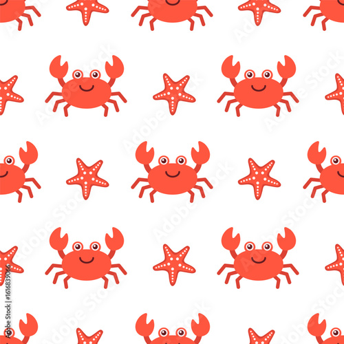 Playful and colorful seamless pattern featuring red cartoon crabs and starfish. For summer textile, printing packaging, background, wallpaper, fabric, kids, ocean, sea design. Hand drawn. Flat vector.