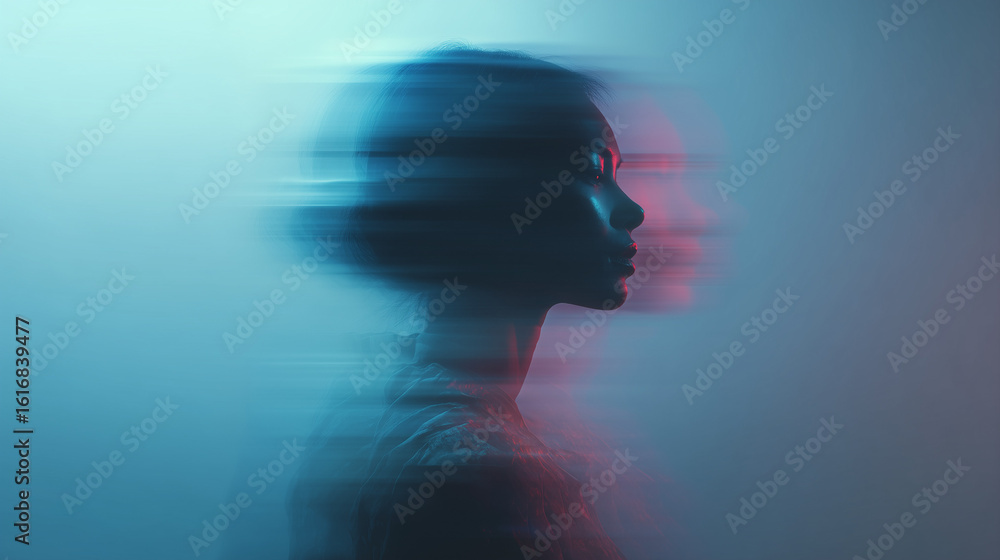 A blurred silhouette of a young woman with short hair against a gradient of blue and red light. The image conveys themes of identity and technology. A blurred silhouette of a young woman with short hair against a gradient of blue and red light. The image conveys themes of identity and technology.