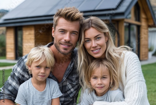 Portrait of a happy family in front of their modern house with solar panels on the roof