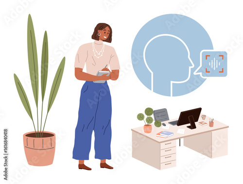 Woman holding a tablet, office desk with laptop and monitor, potted plants, and head profile with a voice recognition icon. Ideal for technology, business, productivity, communication, innovation