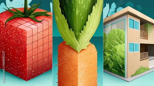 Cubed Vegetables, Urban Farming, City Background, Sustainable Food Illustration