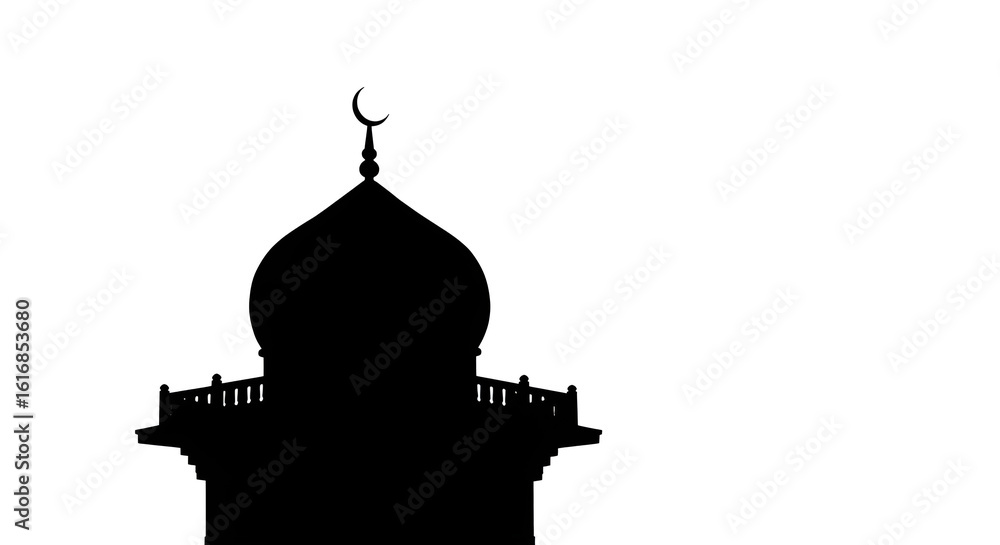 Fototapeta premium Silhouette of a mosque with domes and minarets on white background. Symbol of Islamic architecture and spirituality.