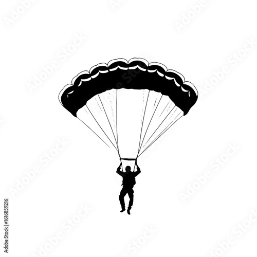 Skydiver silhouette descending with a parachute.