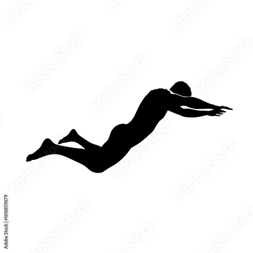 Silhouette of a swimmer diving forward gracefully.