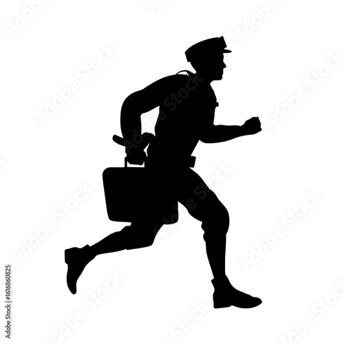 A silhouette of a person in uniform carrying a briefcase and swiftly running.
