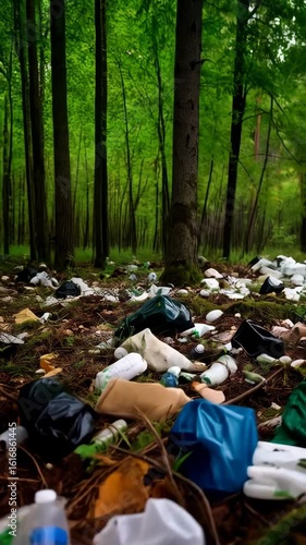 Scattered plastic garbage and other waste on the ground in a forest, representing environmental pollution and improper disposal of waste.