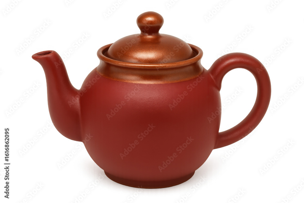 Red ceramic teapot with a copper lid, isolated on a transparent background, perfect for showcasing tea or beverage-related designs Red ceramic teapot with a copper lid, isolated on a transparent background, perfect for showcasing tea or beverage-related designs