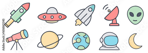 Space exploration icons. Vector set of rocket,alien,ufo, satellite, planet, telescope and lunar module
