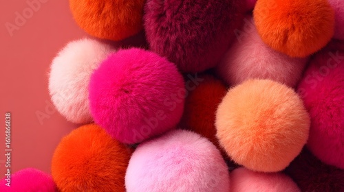 Colorful pom-poms in various shades of pink, orange, and red.