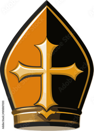 Modern Papal Mitre Vector Illustration – Two-Tone Religious Hat with Bold Gold Cross