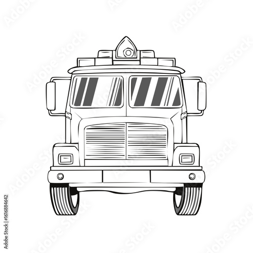 Fire engine vehicle front view black and white line art illustration