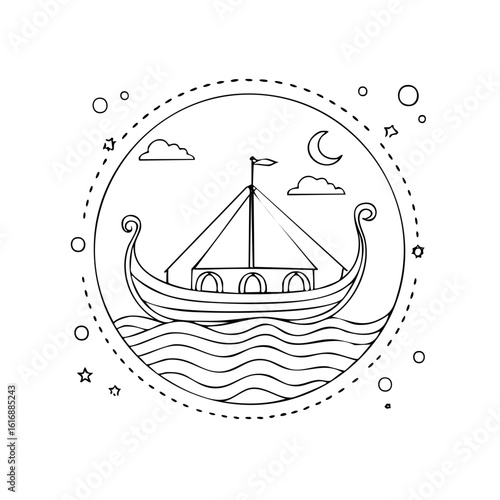 Outline Longboat on Wavy Water Under Moon and Clouds with Celestial Elements