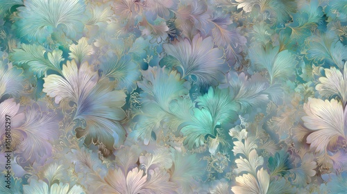 A repeating pattern showcases a floral design in soft teal, lavender, and gold