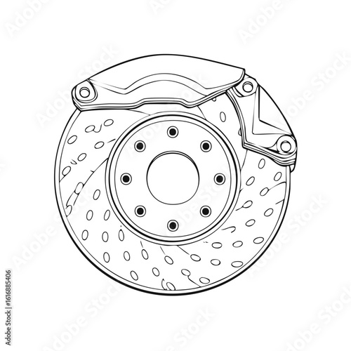 Line art vector illustration of a car performance brake disc and caliper