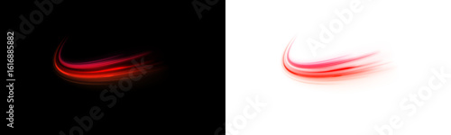 Bright fiery red neon stripes on white and black transparent background PNG. Vivid curved light stripes and shimmering red light effects. Vector element on black background for stunning digital creati