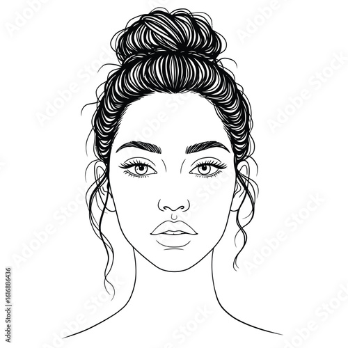 Elegant woman face with messy bun hairstyle silhouette