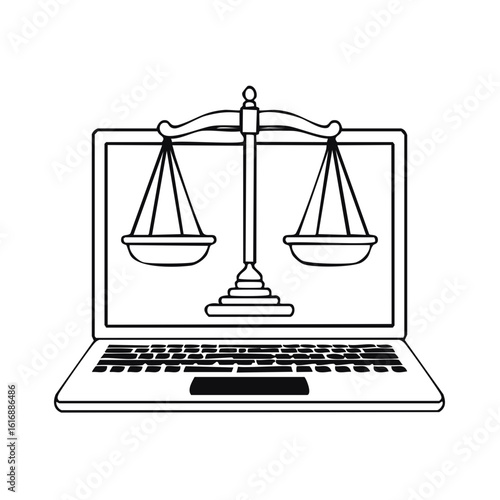 Justice scales displayed on a laptop screen, concept for online law and legal tech