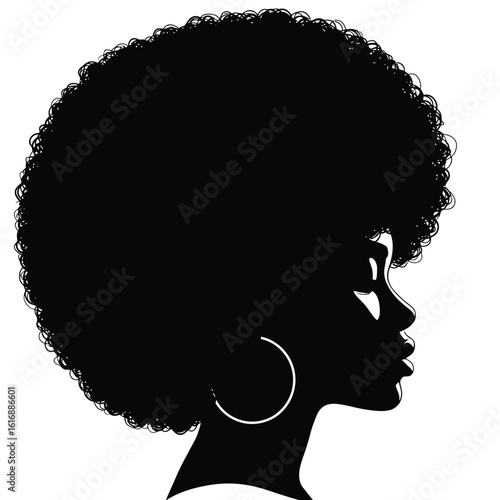 Profile silhouette of a black woman with a large afro and hoop earrings silhouette