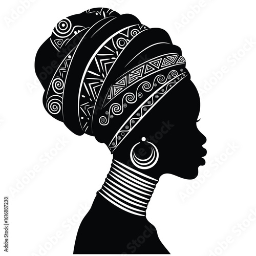 Elegant african woman profile silhouette with traditional headwrap and jewelry silhouette