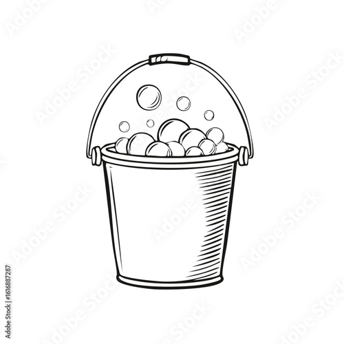 Hand Drawn Outline of a Bucket with Bubbles ready for cleaning in a Vintage Style