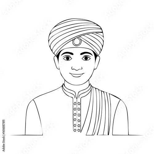 Smiling man wearing a traditional turban and ornate tunic in a simple line drawing style