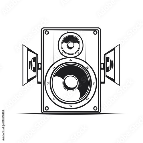 Loudspeaker System Audio Sound Three Speakers with Big Bass Drawing Black and White Illustration