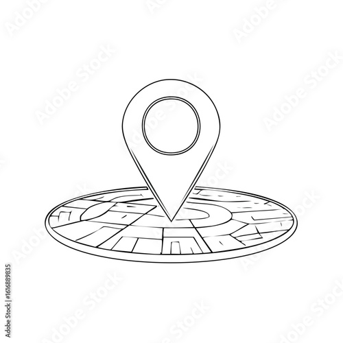 Hand-drawn sketch style map location marker on a round map with streets symbolizing navigation or direction finding