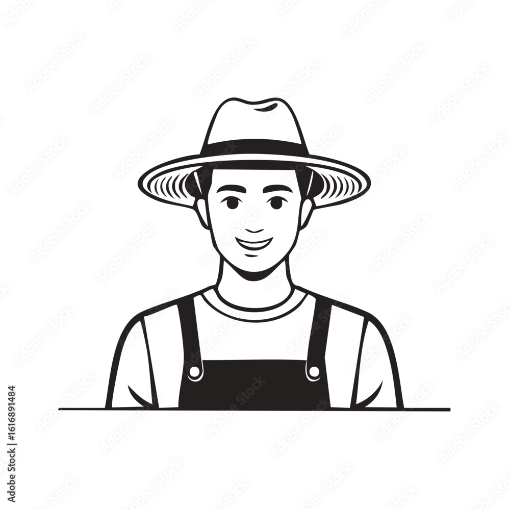 Smiling man wearing a hat and overalls in black and white, simple graphic design Smiling man wearing a hat and overalls in black and white, simple graphic design