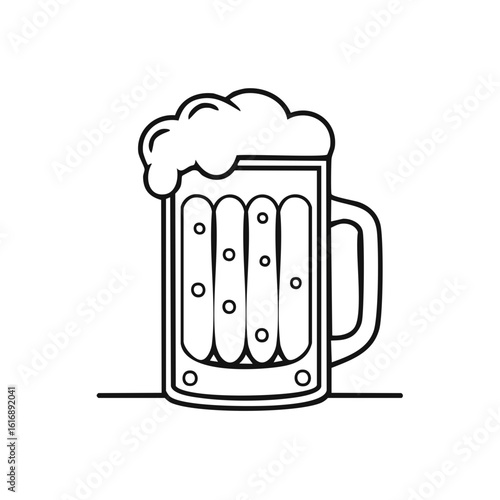 Classic glass beer stein with handle and overflowing foam line art