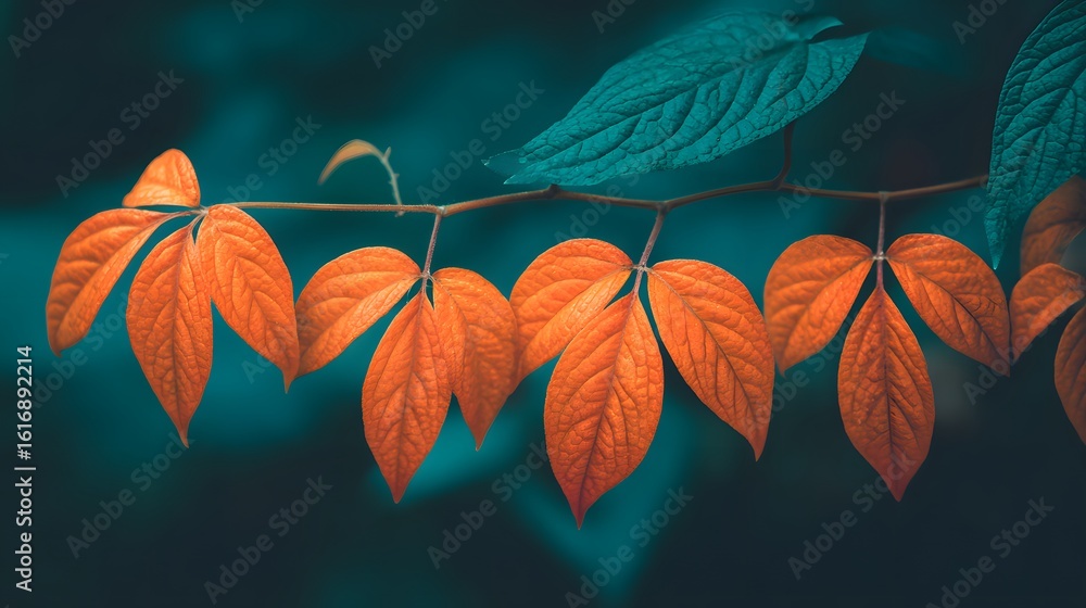 Obraz premium Close-up of vibrant orange leaves on a branch.