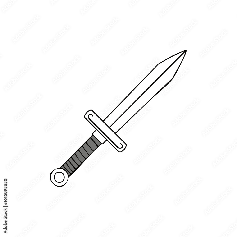 Classic sword illustration on white, hand drawn, line art, weapon concept. Classic sword illustration on white, hand drawn, line art, weapon concept.