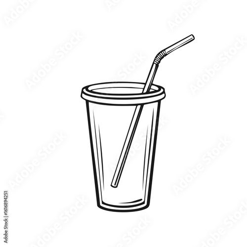Disposable plastic cup with drinking straw simple outline drawing for beverage design