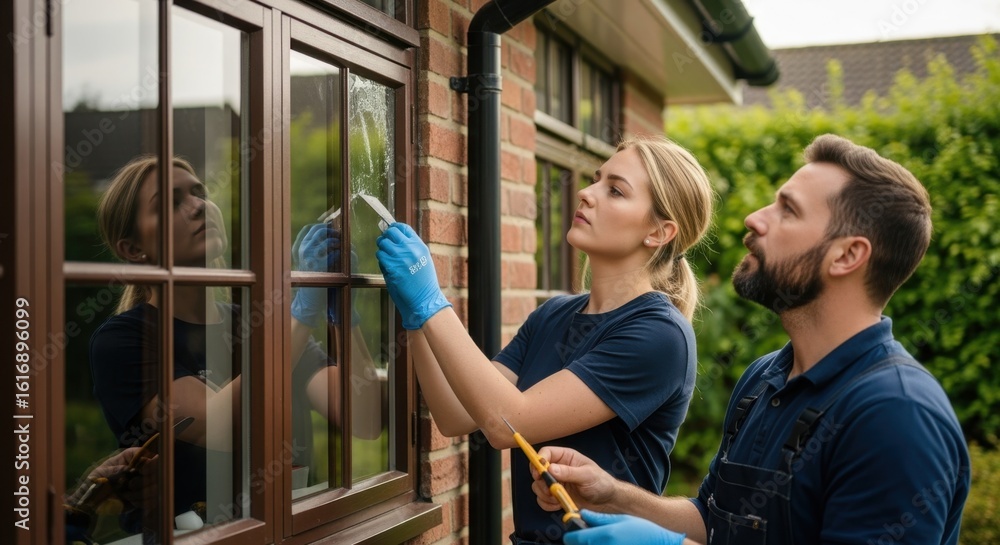 Renovation specialists restoring glass panes on traditional home exterior. Renovation specialists restoring glass panes on traditional home exterior.