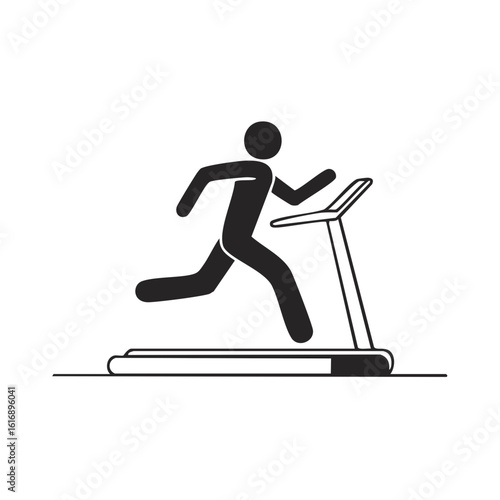 Simple vector icon of a stick figure person running on a treadmill machine for a cardio workout.