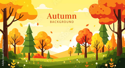 Flat illustration of serene autumn background with warm-toned trees on rolling hills, a light orange sky, and soft white clouds. Ideal for fall-themed designs and promotions